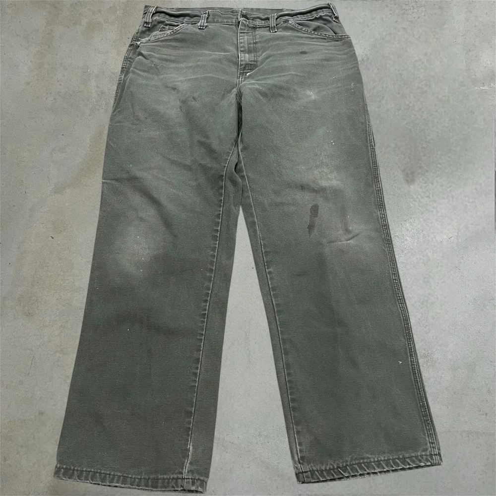 Y2K Distressed Dickies Carpenter Pants Olive Size 34x30 Workwear Grunge Skater